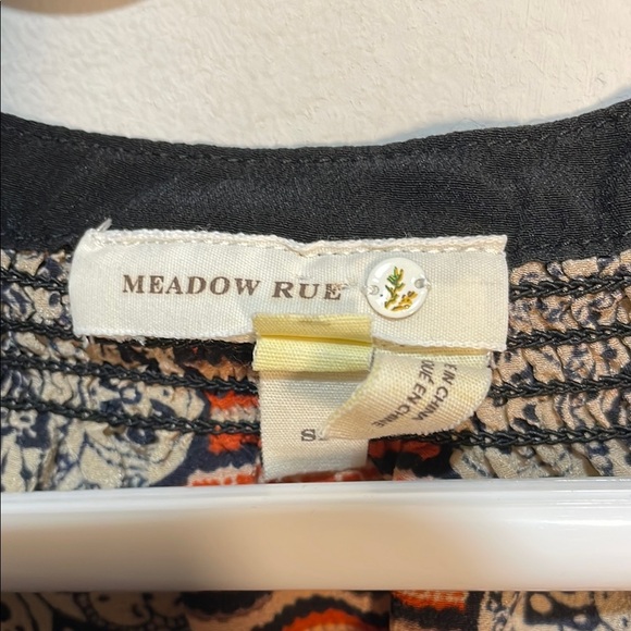 Anthropologie Meadow Rue Blue and Tan Boho Blouse Tie Front 3/4 Sleeve 100% silk - Picture 3 of 10